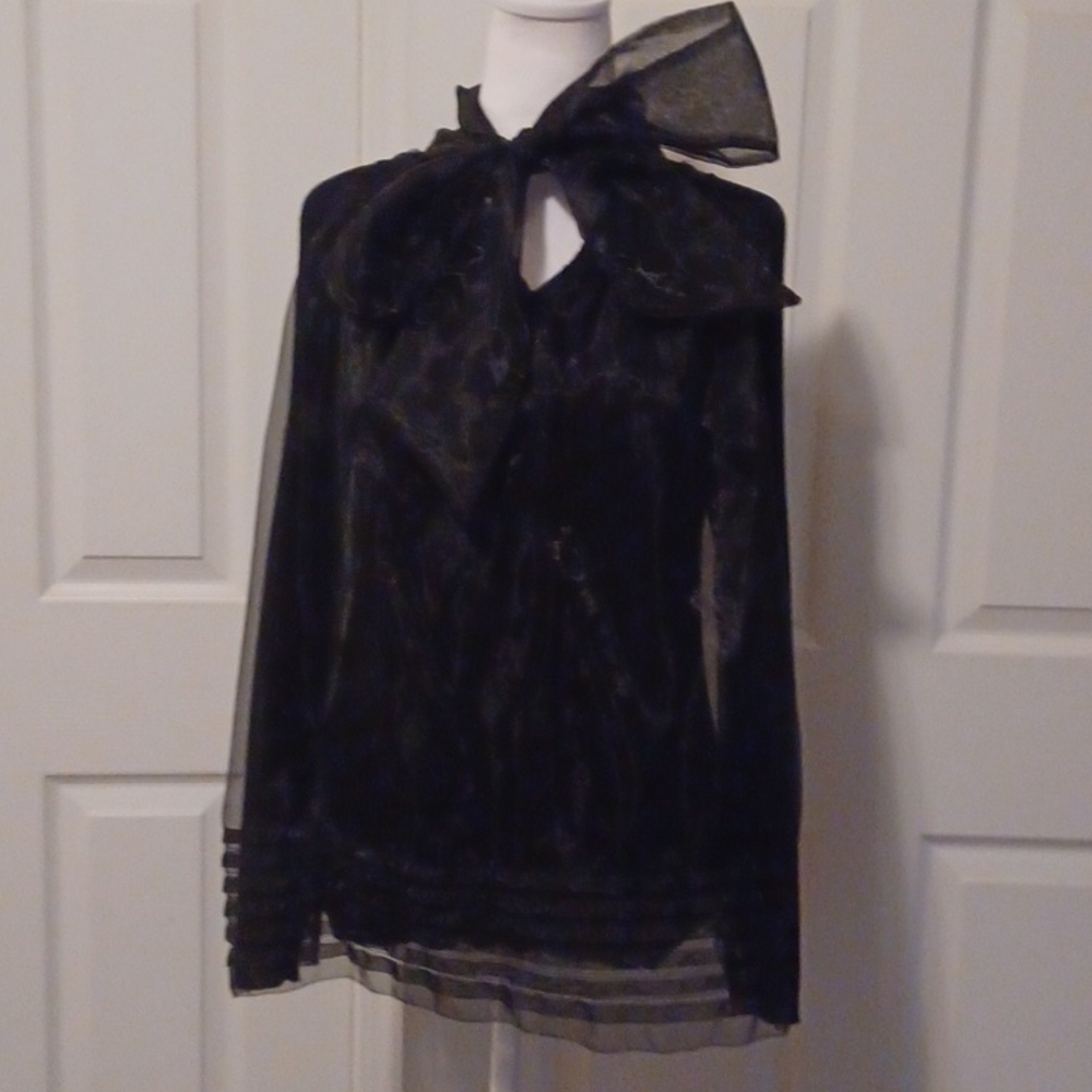 <   Garcia Black Top With Sheer Overlay And Bow Women's Size Large
